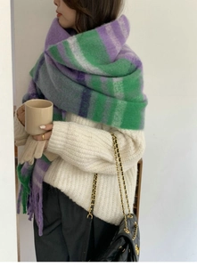 Detail of soft purple and green rainbow plaid mohair scarf with fringe tassels