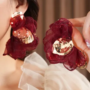 Artistic burgundy chiffon flower earrings with gold metallic centers for women