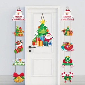 Red Merry Christmas porch banners and tree door hanger decorations for festive parties