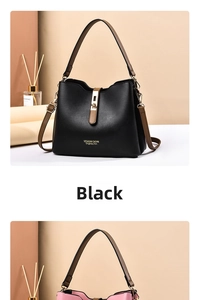 Close-up of contrast shoulder strap and golden twist lock on leather bucket bag