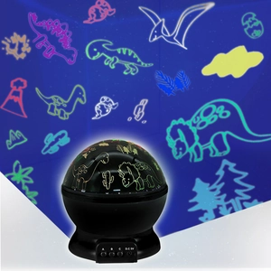 Macro detail of black spherical dinosaur projector lamp with glowing dinosaur patterns