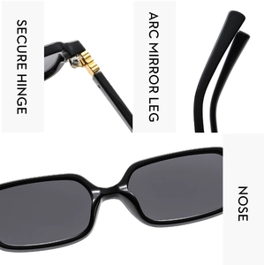 Detail view of square sunglasses with reinforced hinges and integrated nose pads
