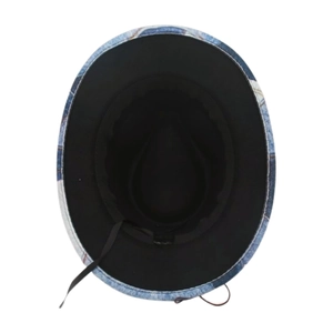Detail view of the black sweatband and blue denim patchwork brim inside the jazz sun hat
