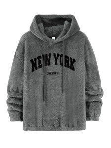 Detail of grey plush hoodie fabric with New York Cheerful print and drawstring
