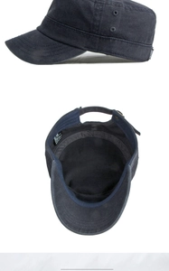 Detail view of navy blue cotton flat top army cap with side vents and adjustable strap