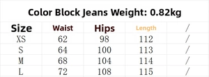 Detailed size chart for patchwork denim jeans showing waist, hip, and length measurements