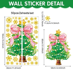 Self-adhesive PVC Christmas tree window stickers with pink bows and golden snowflakes