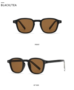 Vistas frontal y lateral de gafas de sol retro en color negro con lentes de té