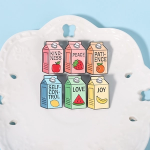 Set of 6 colorful fruit milk carton enamel pins with kindness and peace quotes