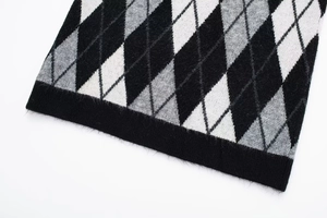 Detail shot of diamond knit dress pattern with black, gray, and white plush fabric