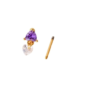 Fashionable gold earring with purple triangle zircon and clear heart-shaped dangle pendant