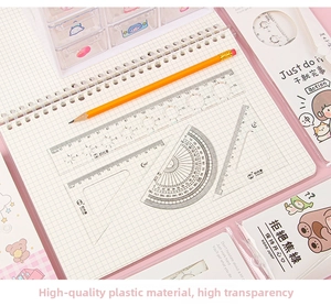 Detail of 4-piece clear plastic drawing ruler set with high transparency for students