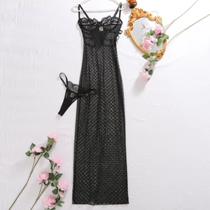 Detail of black lace slip dress with heart polka dot mesh and scalloped floral edges