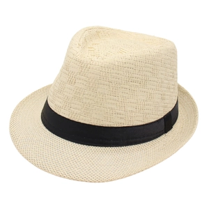 Classic beige straw jazz hat with black ribbon band, stylish summer sun fedora for beach