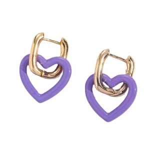 Boucles d'oreilles cœur en émail violet avec boucles géométriques dorées en forme de U