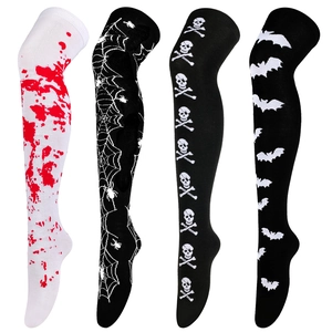 Detailed view of four Halloween over-the-knee socks with blood, web, skull, and bat prints.