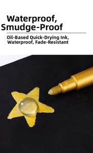 Waterproof gold metallic paint marker showing quick-dry smudge-proof ink on black surface