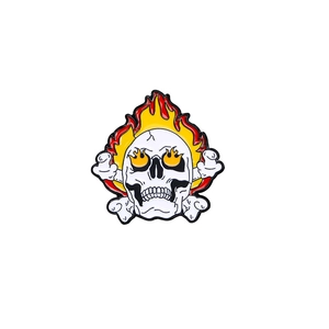 Punk style flaming skull enamel pin badge with cartoon crossbones for clothing decoration