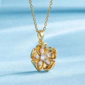 Flower Pendant Necklace 18K Gold Plated Stainless Steel Zirconia Flower Bud Simple French Style Jewelry For Women