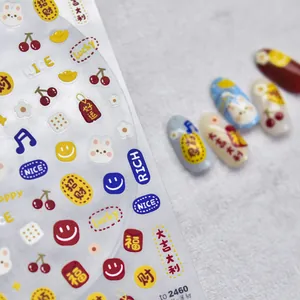 Detail view of 3D embossed nail stickers with lucky bunny and floral festive patterns