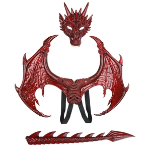 Three-piece dragon cosplay set for kids including red wings mask and spiked tail