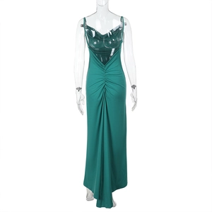 Detail of backless design and ruching on the dark green long maxi dress for women