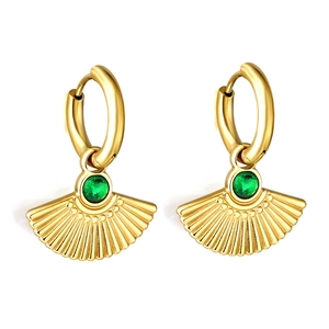 Vintage 18K gold fan earrings with radial texture and green gemstone on white background