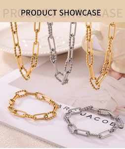Detailed close-up of mixed geometric chain necklace and bracelet in gold and silver finish