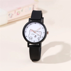 Pink silicone quartz watch for girls with cute kitten pattern and rose gold accents