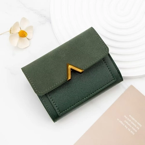 Short tri-fold dark green leather wallet with gold V-shaped buckle and lychee texture