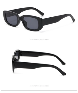 Close-up of retro rectangular sunglasses in glossy black with front and side profile views