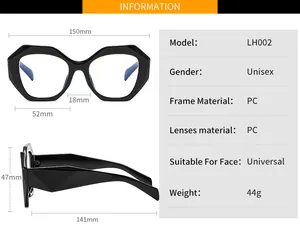 Detailed dimension guide for polygonal glasses frames showing width and temple length