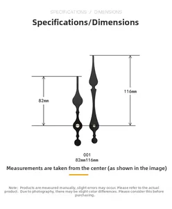 Size guide for quartz clock hands set showing 82mm hour and 116mm minute metal pointers