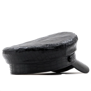 Classic black PU leather beret hat with crocodile texture and D-letter detail for women