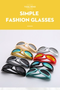 Collection of eight colorful Y2K oval sunglasses with mirrored and dark lenses