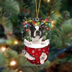 Boston Terrier Christmas stocking ornament featuring cute dog with glowing reindeer antlers