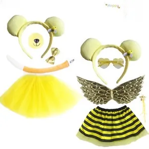 Detail view of children's bee themed costume set with fairy wings and sequin tutu skirt