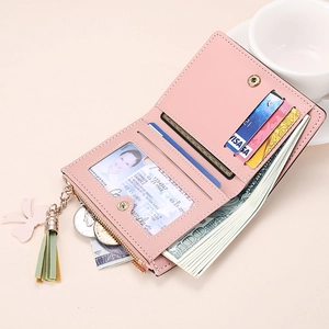Pink short bifold wallet for women with card slots, coin zipper and tassel charm