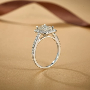 Macro side view of S925 silver halo ring featuring a rectangular moissanite stone
