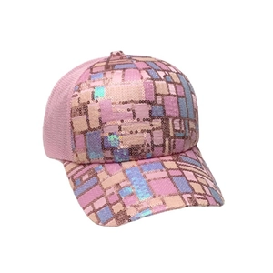 Pink sequin baseball cap with blue color blocking and breathable mesh back for women