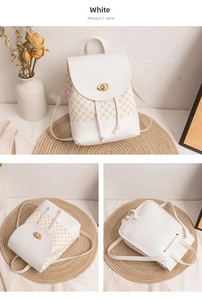 Three views of a white mini backpack with gold twist lock and geometric patterns