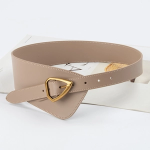 Khaki wide leather waist belt with gold triangle buckle for dresses and coats