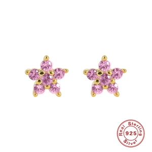 Detailed macro view of S925 sterling silver pink flower stud earrings with gold plating
