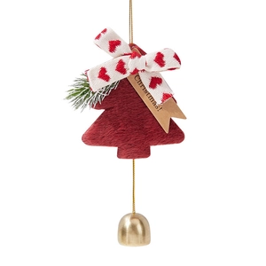 Christmas tree red felt ornament with festive bow, pine needles and gold metal bell