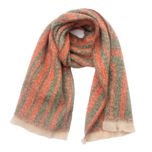 Detail of wavy orange and sage green plush scarf with soft beige fringe tassels