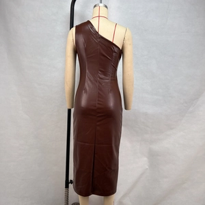 Close-up of the back zipper and deep brown PU leather texture on a bodycon dress