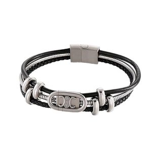 Mens multi-layer woven leather bracelet with silver magnetic buckle and emblem