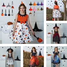 Collage of Halloween girls' dresses with pumpkin and witch patterns in festive setting