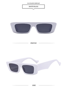 Detail view of white square sunglasses with black lenses and wide temples from two angles