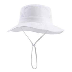 Detail of white kids sun hat featuring breathable mesh panels and adjustable chin strap